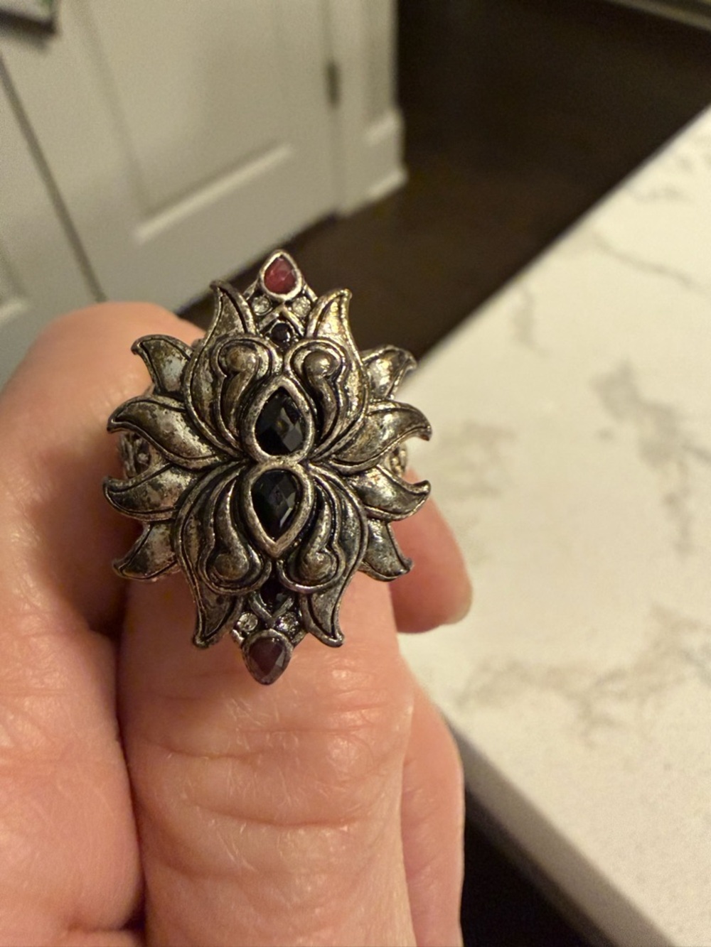 Lucky Brand Silver-Tone Floral Ring with Black and Red Stones